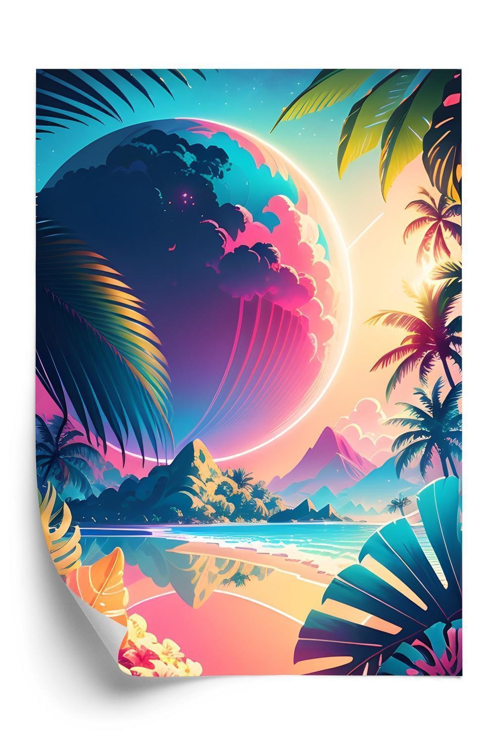Plakat Tropisk Strand Og Abstrakt Planetlandskab